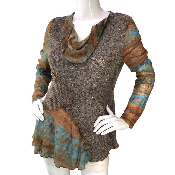Feratelli Womens Size S Top Mixed Media Knit Cowl Neck Lightweight Long Sleeve